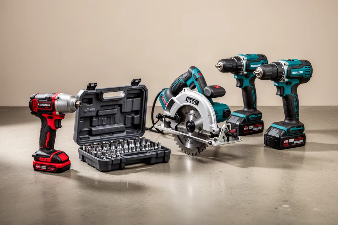 Four cordless power tools and a socket set arranged on a concrete workshop floor
