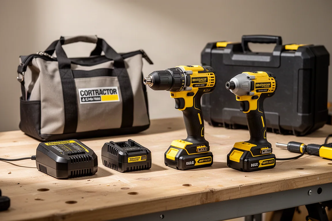 Kit combo trapano e avvitatore a impulsi disposto con batterie e caricabatterie