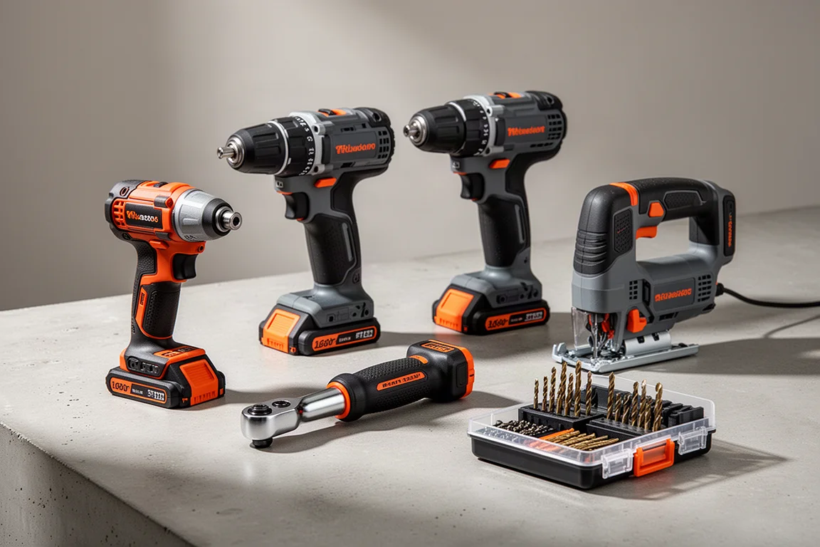 Assorted cordless power tools arranged on a concrete surface