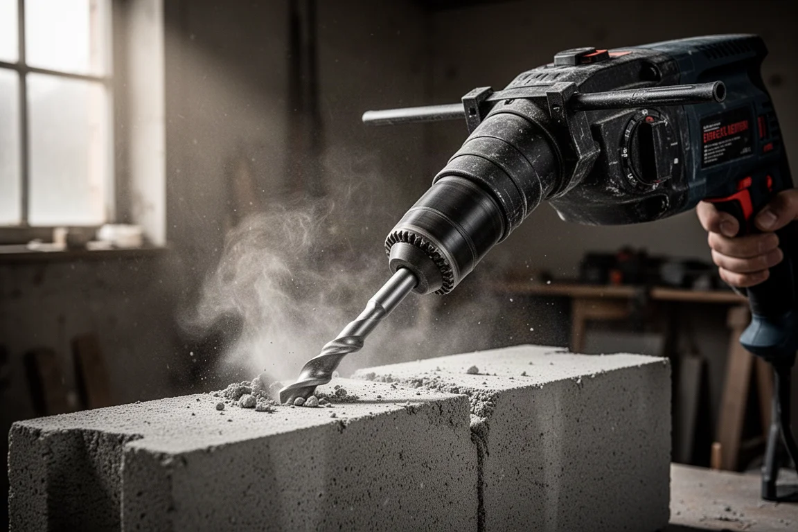 Marteau-perforateur forant dans le béton avec poussière visible