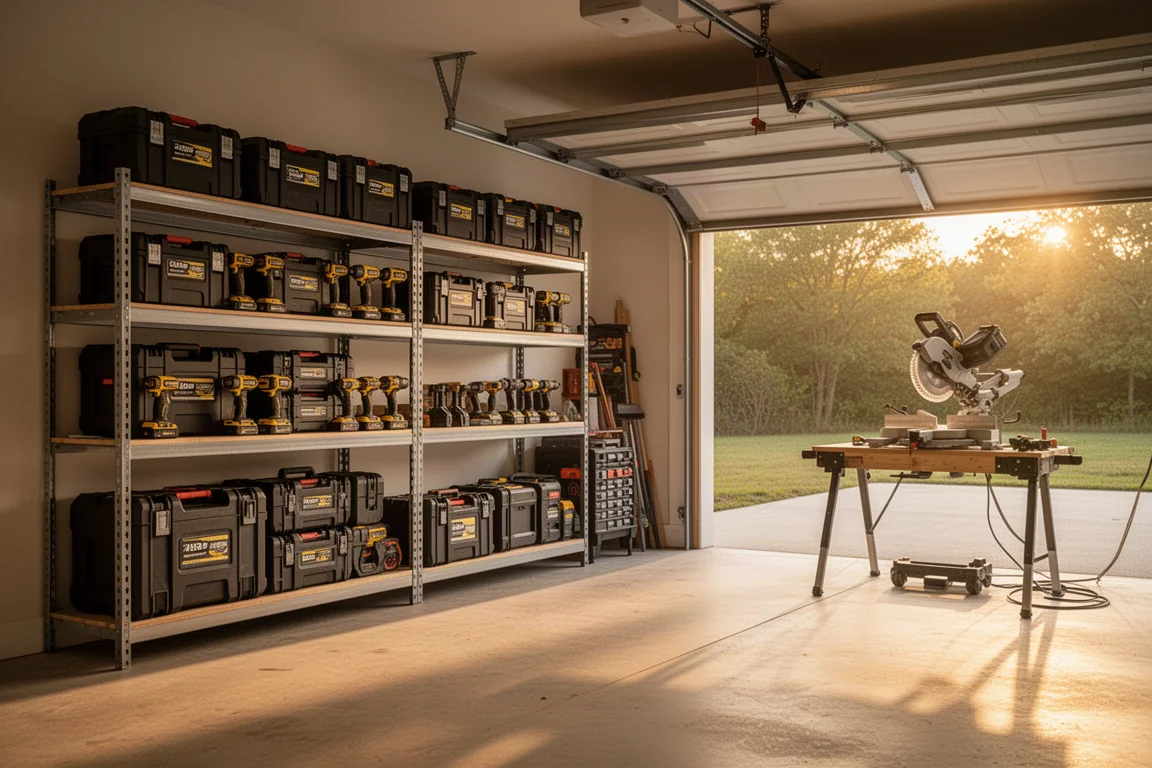 Atelier de garage domestique avec outils rangés sur des étagères