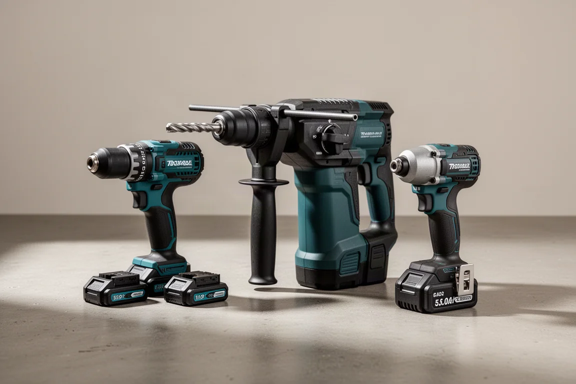 Makita combo kit, Milwaukee rotary hammer, and DeWalt impact driver arranged on concrete