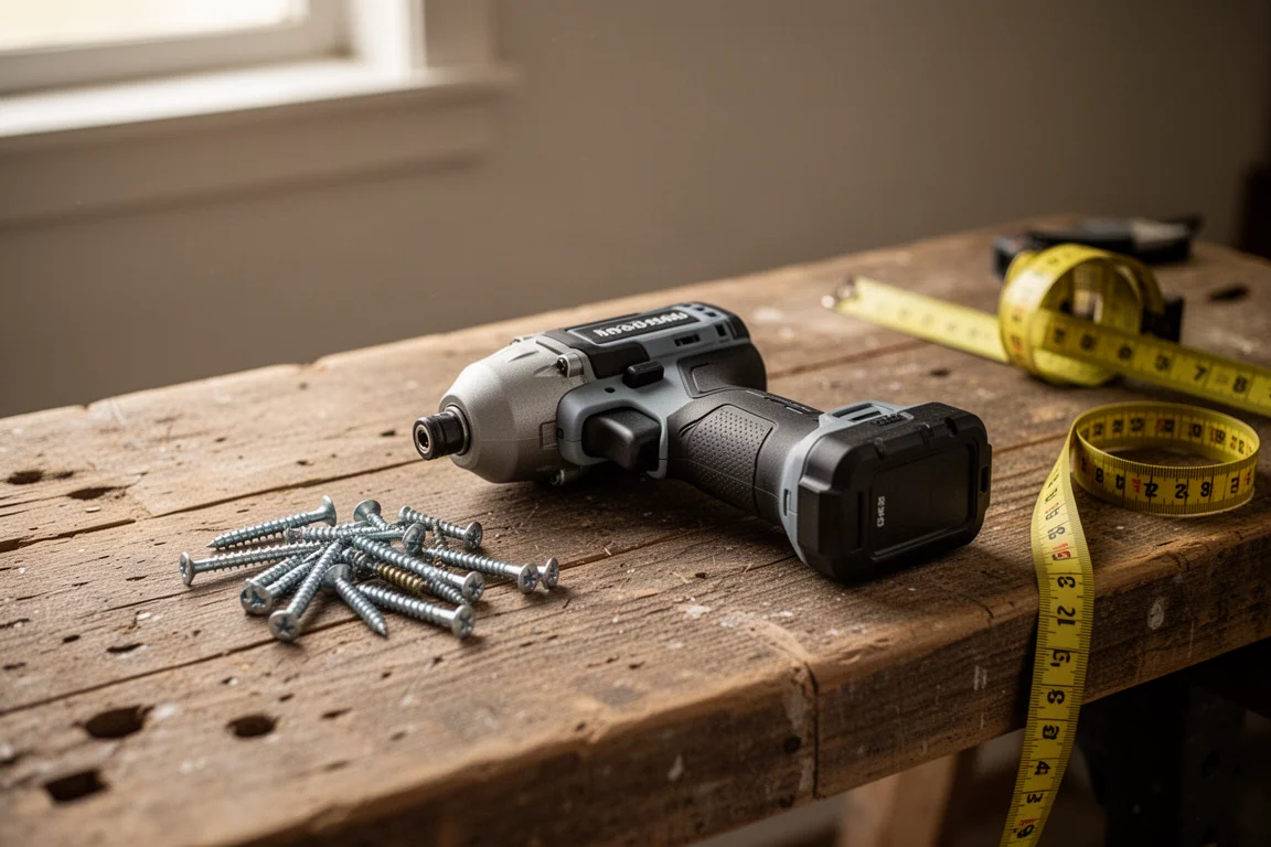 Compact cordless impact driver resting on a workbench beside fasteners