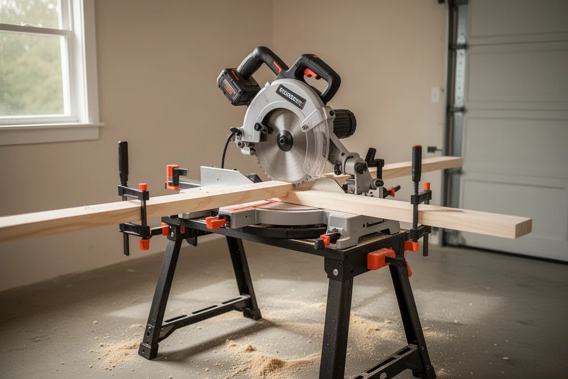 Cordless chop saw on a work stand cutting a length of timber