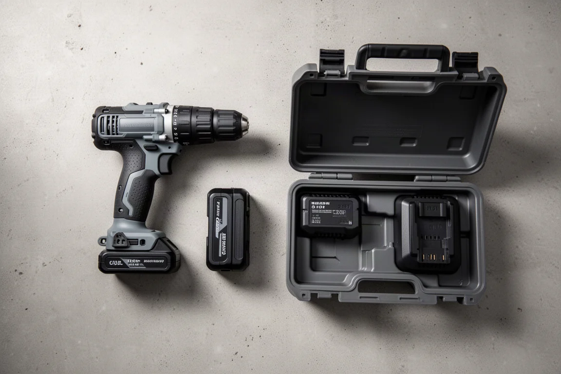 Hammer drill kit with two batteries, charger and hard case laid out flat