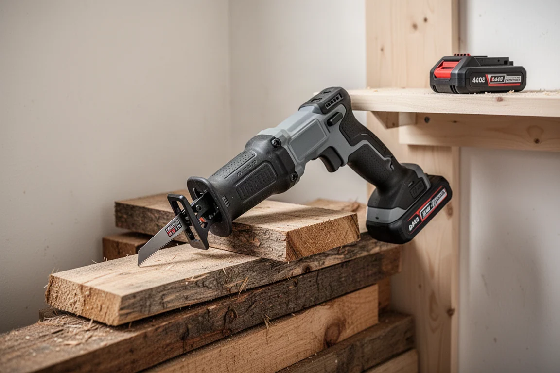 Reciprocating saw leaning against a stack of lumber in a workshop