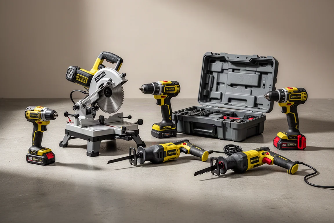 Accugereedschap van DeWalt, Milwaukee en Makita opgesteld op de betonnen vloer van een werkplaats
