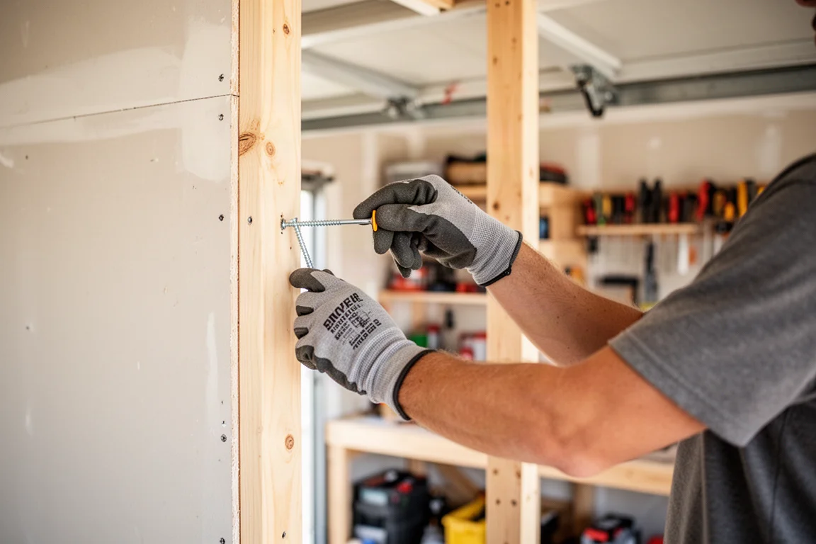 Hausbesitzer bohrt in hellem Garagen-Workshop in eine Wandpfette