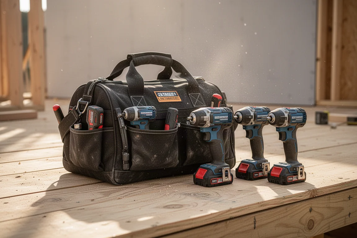 Werkzeugtasche der Crew mit Akkuwerkzeugen auf einer Baustelle bereitgestellt