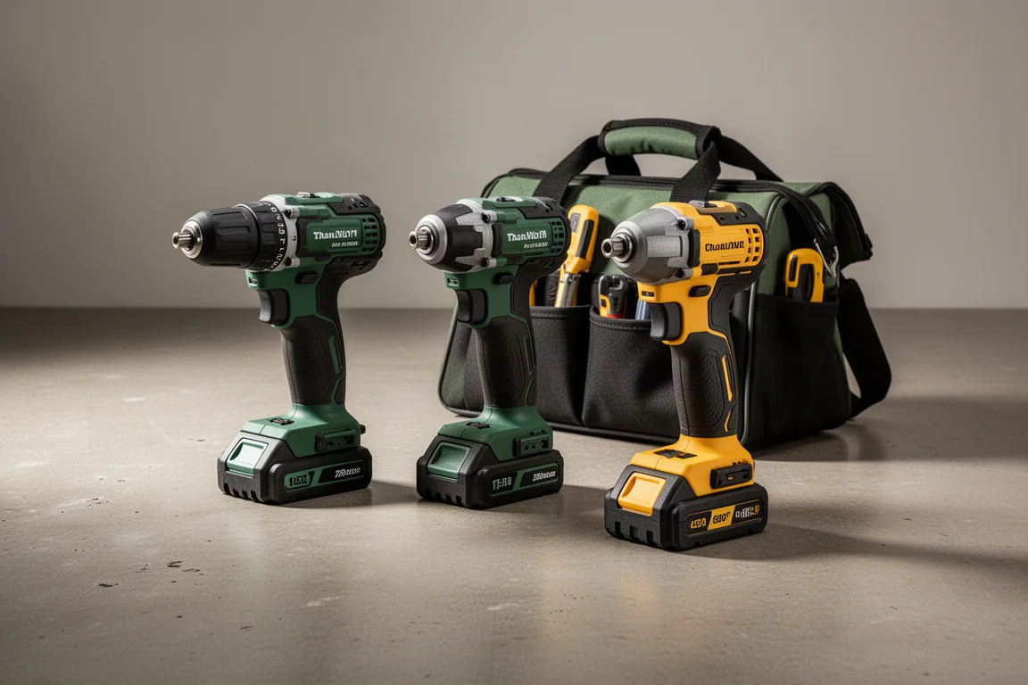 Cordless drill, impact driver, and tool bag arranged on a concrete workshop floor