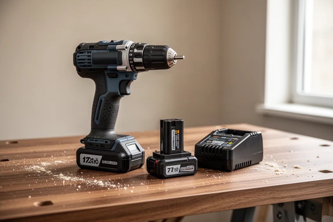 Cordless drill and battery packs arranged on a workshop bench