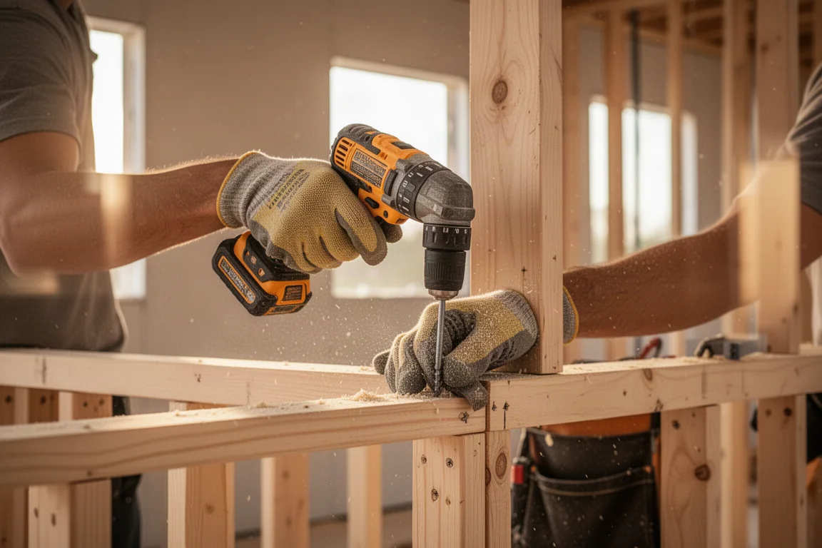 Contractor drilling into framing lumber on a job site