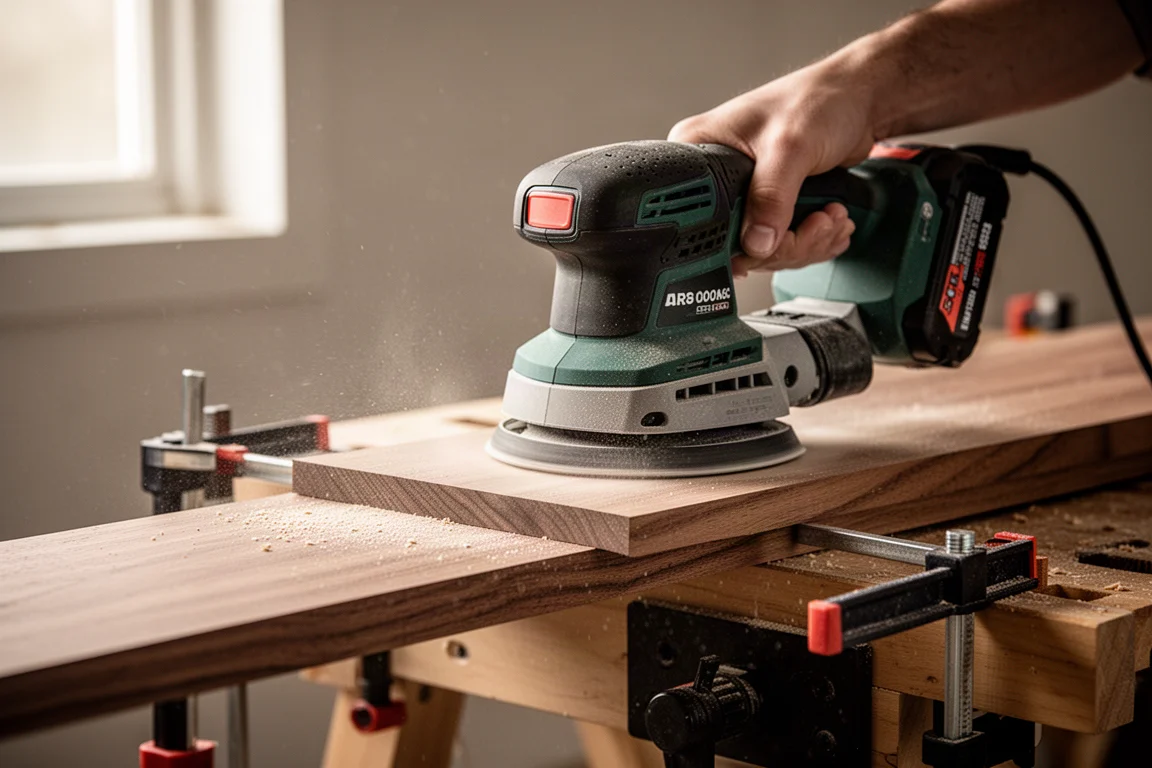 Belt sander smoothing a hardwood board in a workshop