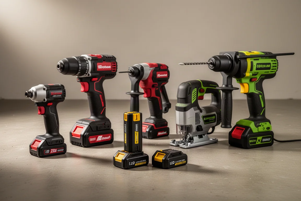 Assorted cordless power tools and battery packs arranged on a concrete floor