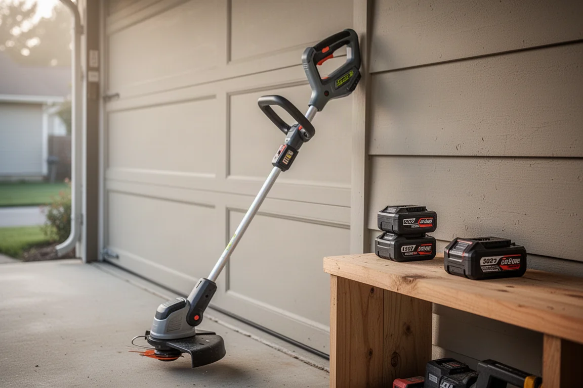 Accutrimmer leunt tegen een garagemuur naast twee accu's