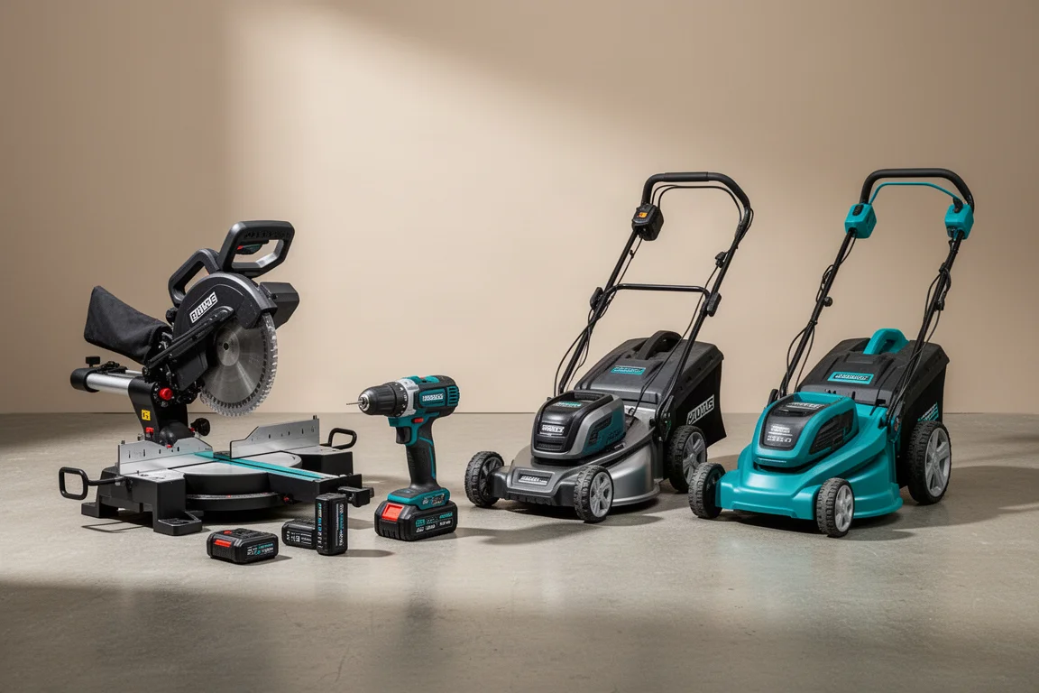 Four power tools lined up on a concrete workshop floor including a miter saw and lawn mower