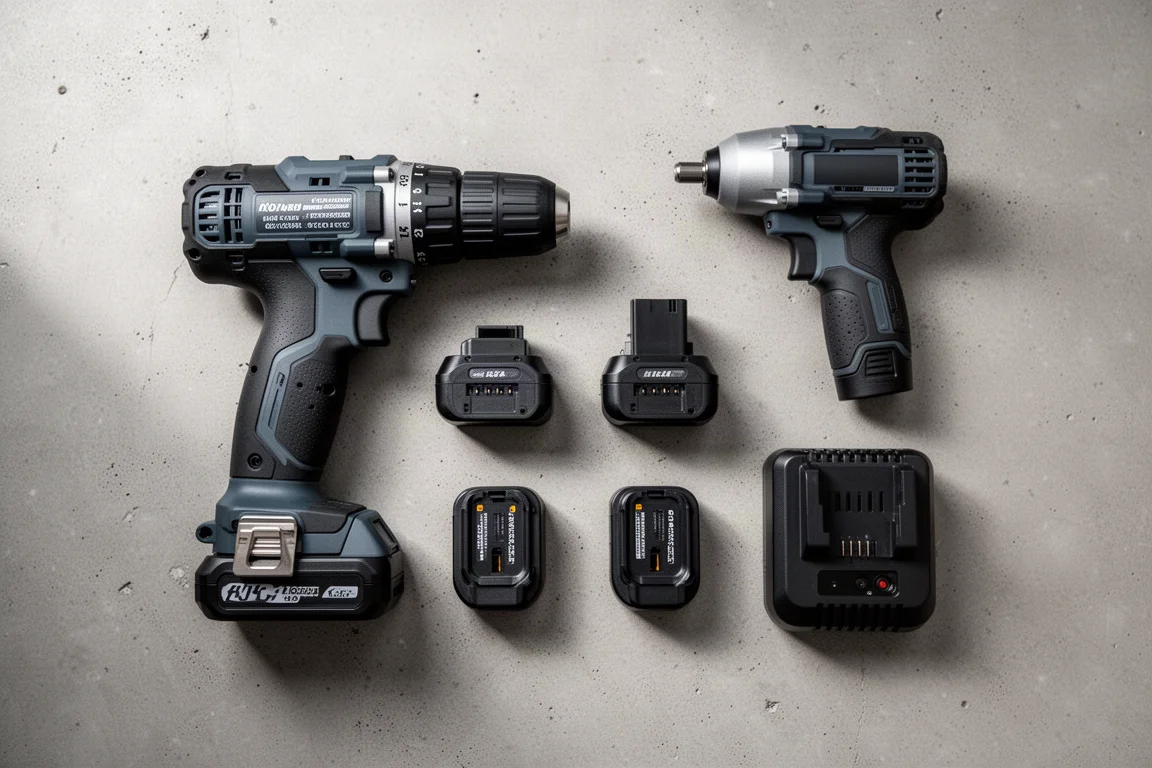 Kit combo de taladro e impacto desplegado con baterías y cargador