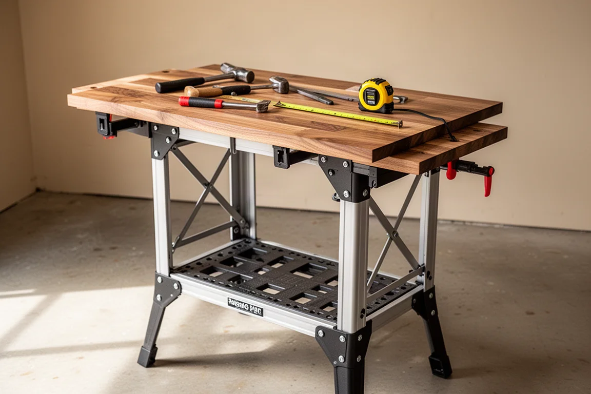 Mesa de trabajo plegable abierta en un garaje con herramientas sobre la superficie de madera dura