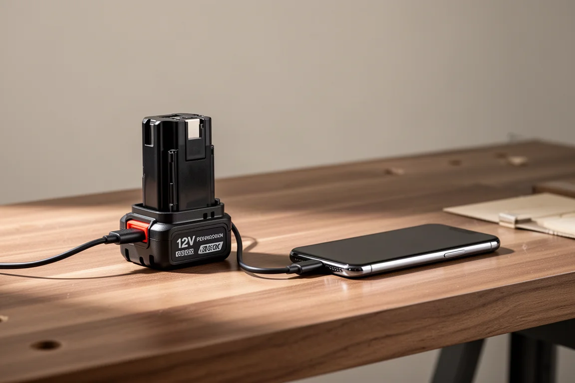 Kompakter 12V-Akku lädt am Werkbank mit USB-C-Kabel ein Handy