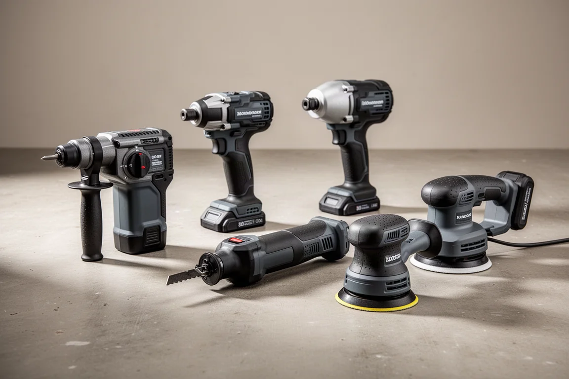 Assorted cordless power tools arranged on a concrete workshop floor