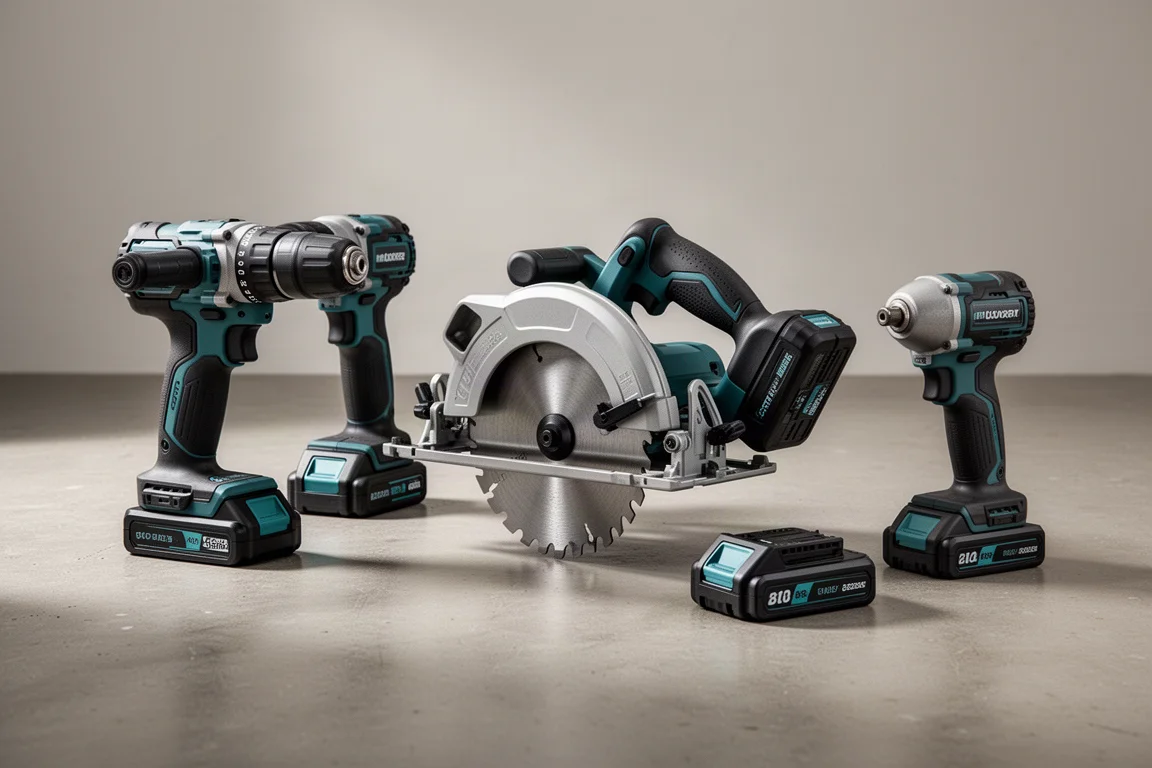 Assorted cordless power tools including a drill, circular saw, impact wrench, and batteries on concrete