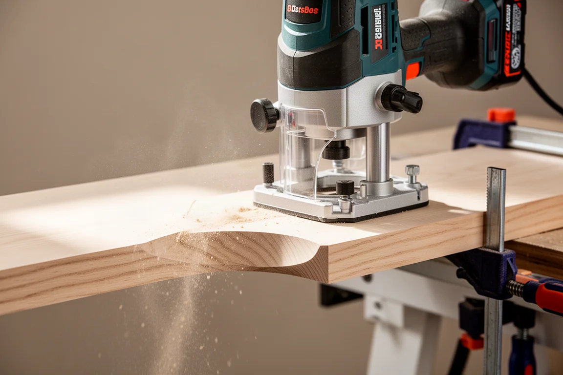 Bovenfrees die een profiel freest in de rand van een houten plank