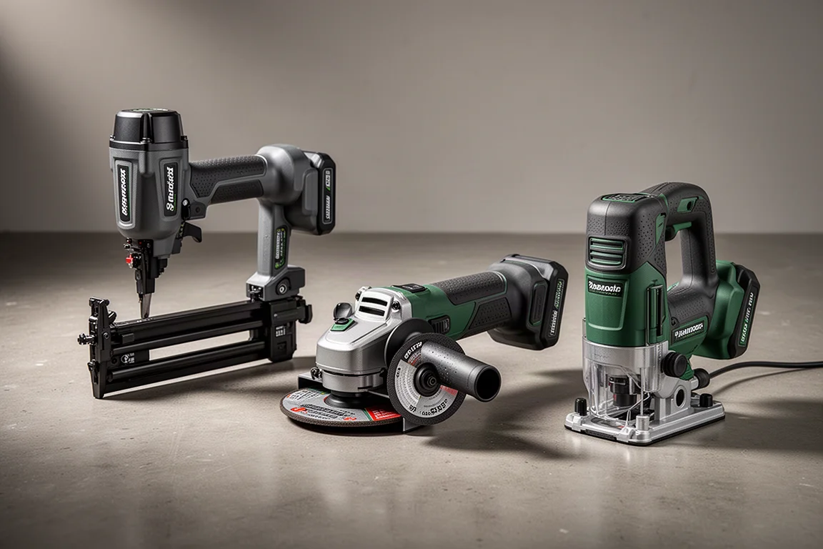 Cordless framing nailer, angle grinder, and plunge router arranged on a concrete workshop floor