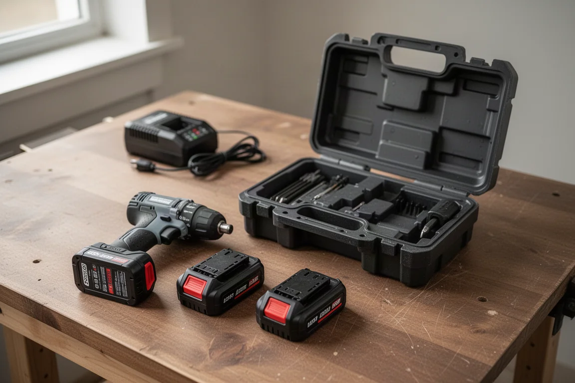 Kit de perceuse à choc compact disposé avec deux batteries, un chargeur et un coffret rigide