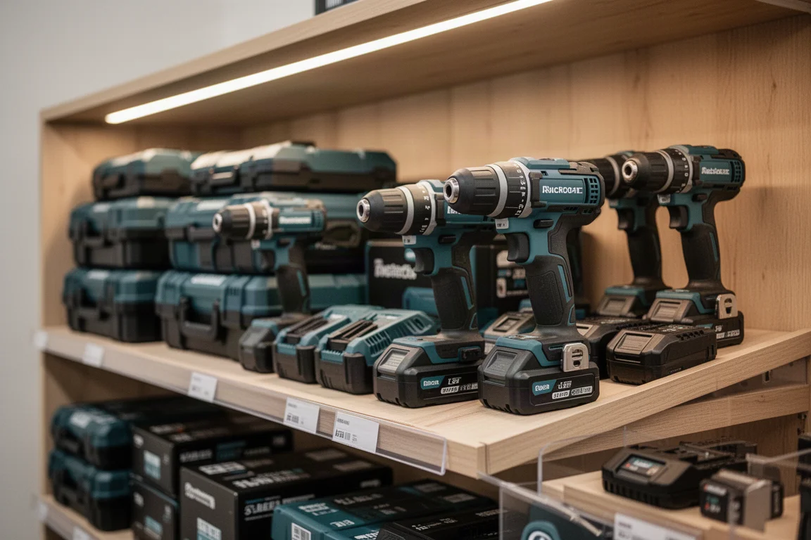 Rayon d'outils avec des kits d'outils sans fil empilés sur les étagères
