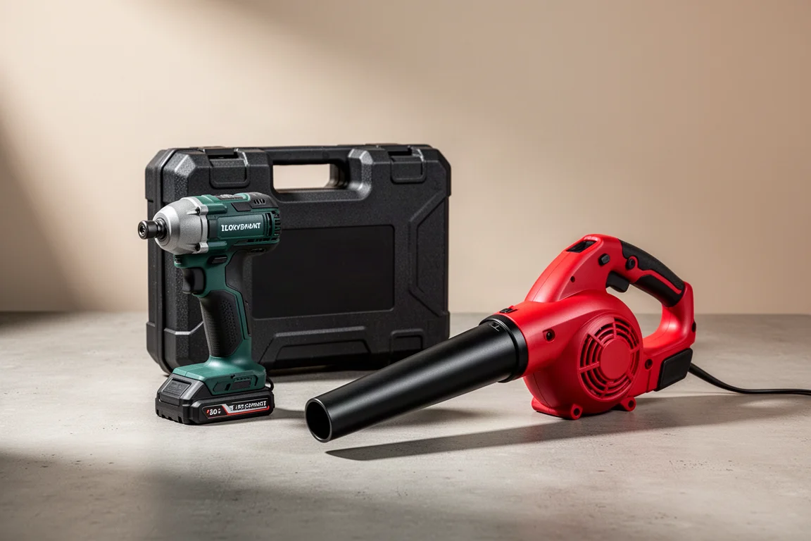 Compact impact driver with hard case and cordless blower on a concrete surface