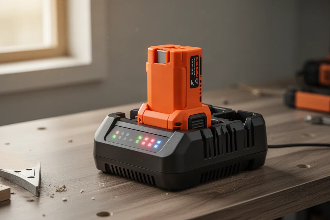 Cordless power tool battery pack connected to a rapid charger on a workbench