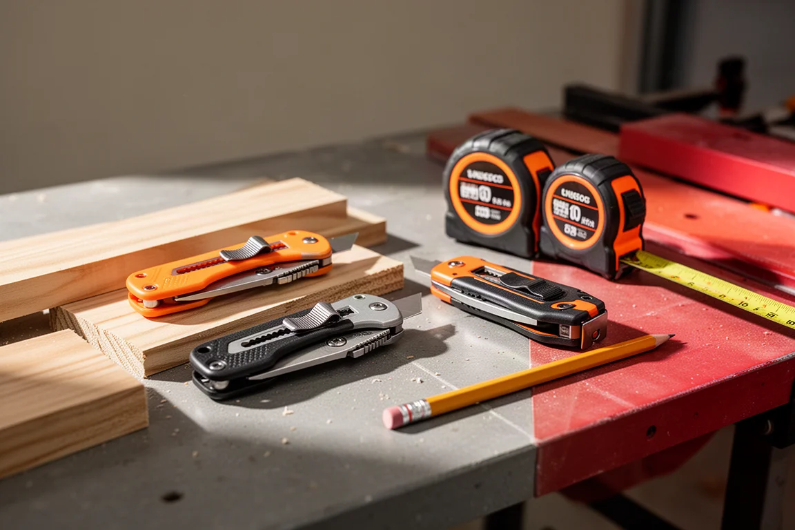 Utility knife and measuring tape resting on a lumber work surface