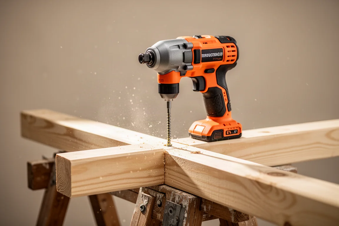Compact cordless impact driver driving a screw into a timber frame