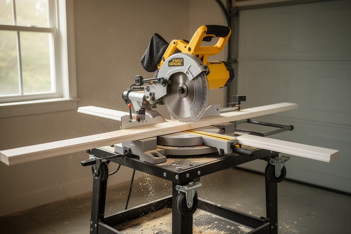 Sliding compound miter saw cutting a board on a rolling mobile stand