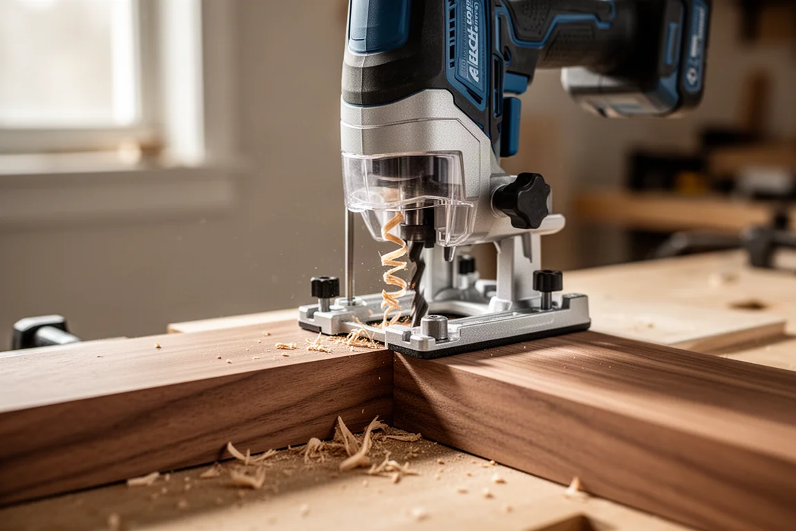 Fresatrice che rifinisce il bordo di un'asse di legno serrata su un banco di lavoro