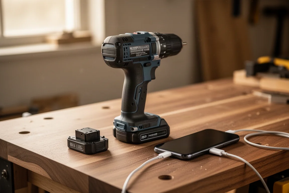 Compact cordless oscillating multi-tool resting on a workbench with wood shavings