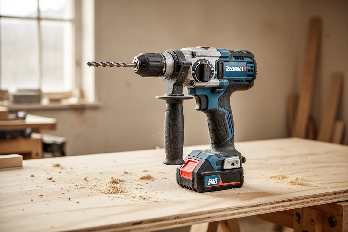 Random orbital sander smoothing a wooden board with dust extractor port visible