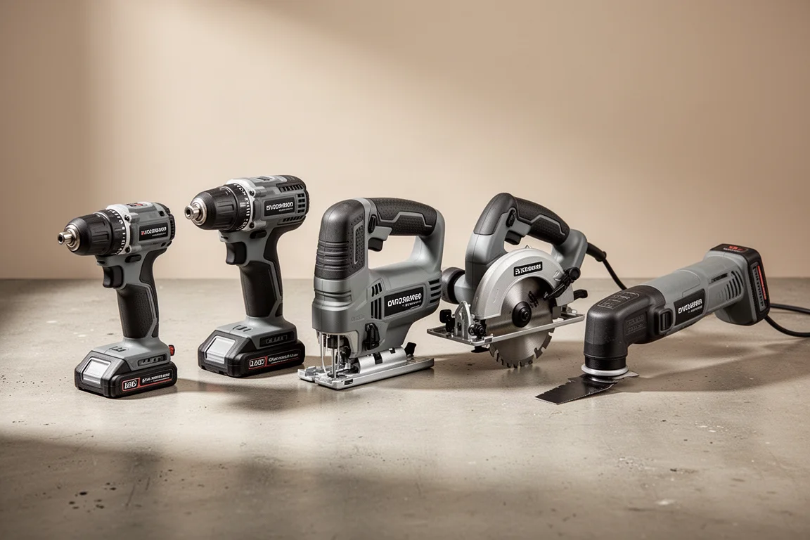 Cordless power tools including a multi-tool, impact driver, sander, and utility knife on concrete