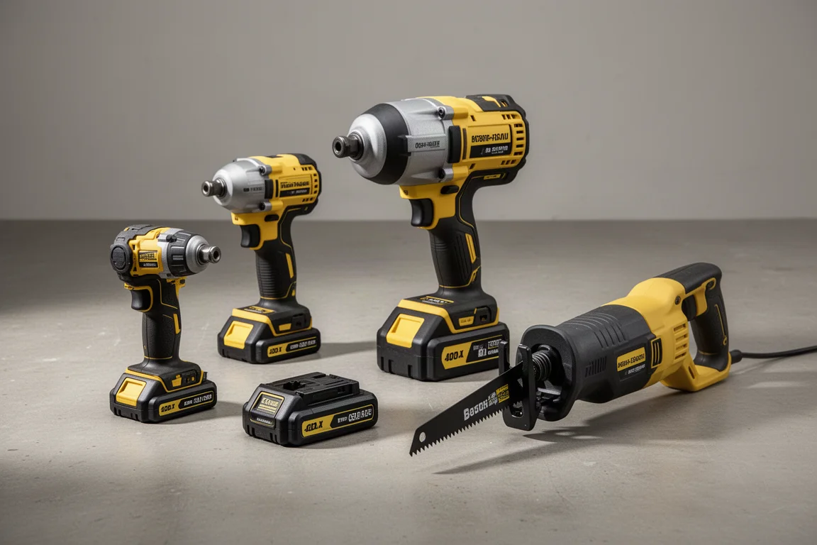 Assorted cordless power tools including impact drivers, batteries, and a reciprocating saw on concrete
