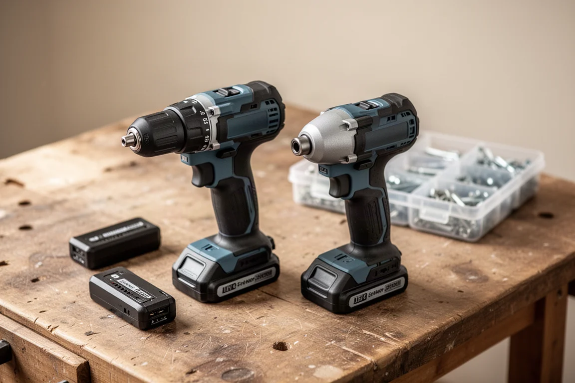 Boormachine en impact driver liggen op een houten werkbank naast accupacks