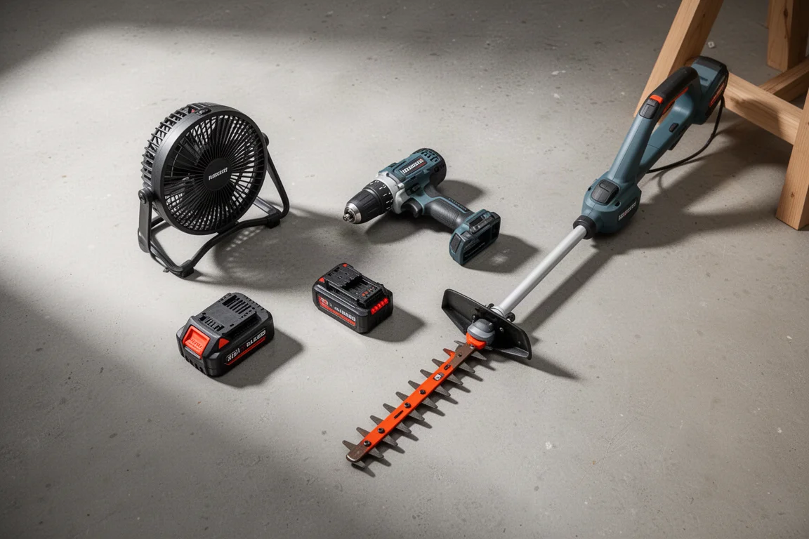 Modular tool storage, cordless tool kit, air duster, and jobsite vacuum arranged on concrete