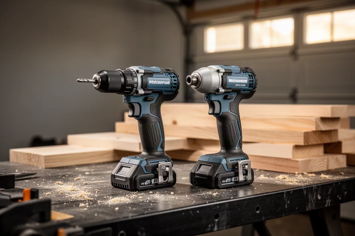 Batteridrill och slagnyckelskrutrek gärare vilar på en sågspundsbeprött arbetsbänk