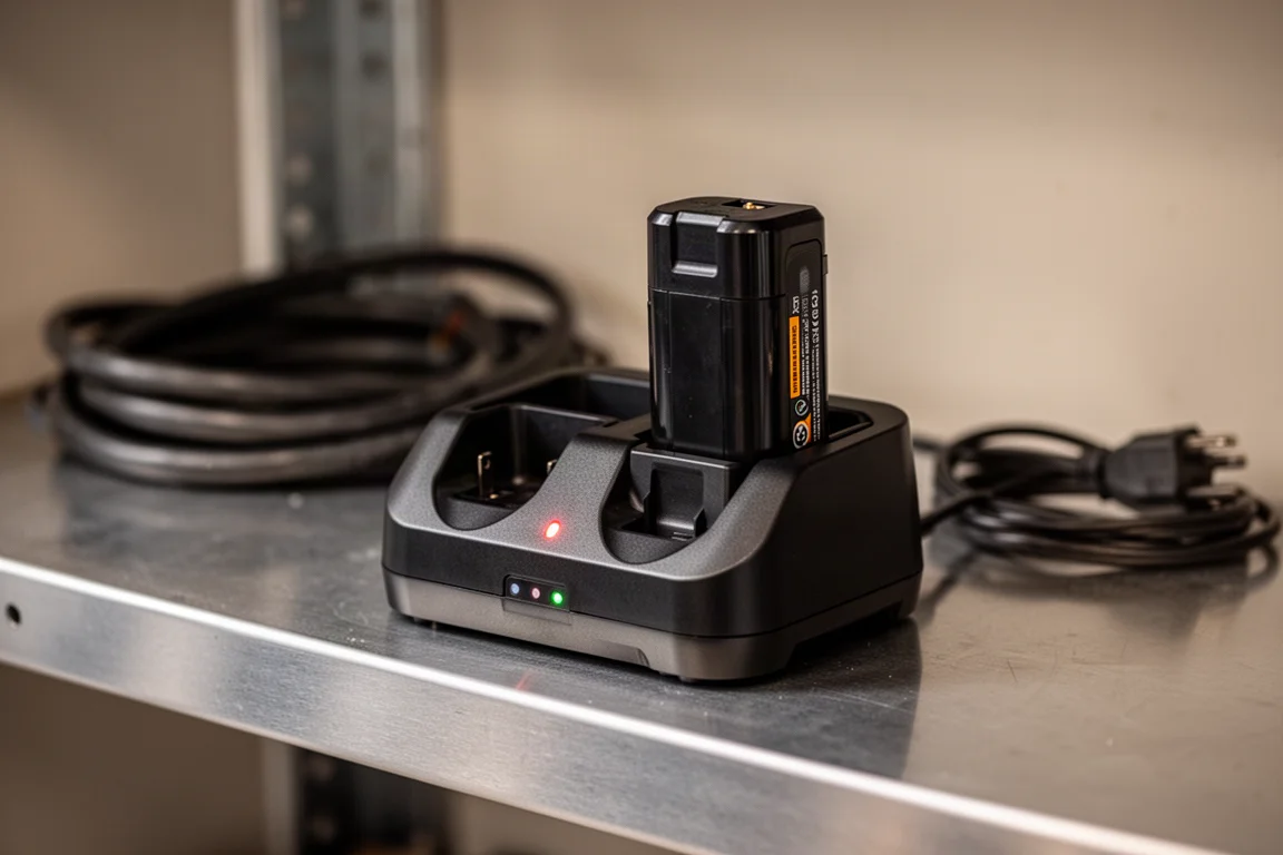 Rödspalätt batteripaket i Milwaukee-stil och laddare på en verkstadshylla