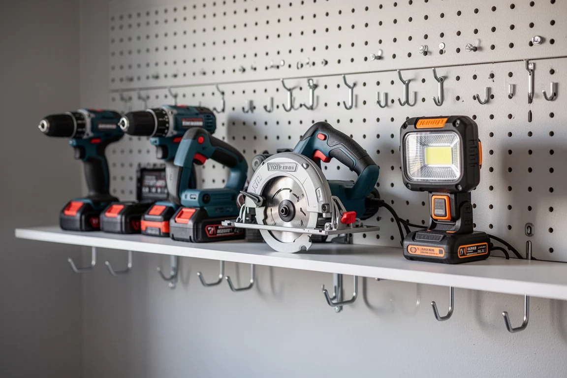 Rad av prisvärda batteridrivna verktyg på en garagehylla med pegboard