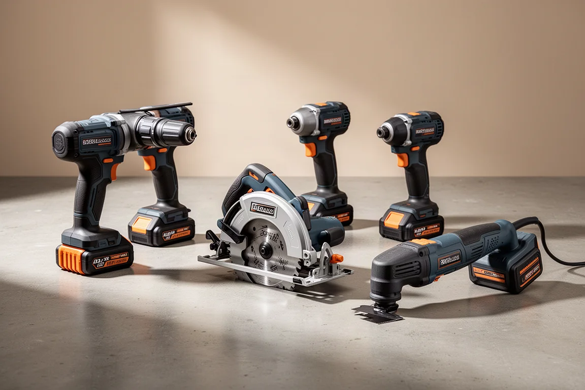 Assorted cordless power tools including a drill, impact driver, and circular saw on a concrete floor