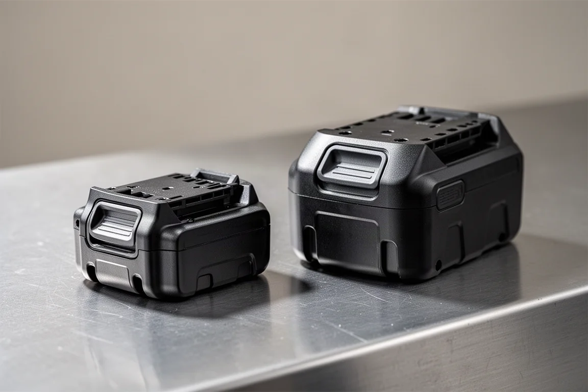 Close-up van een compact gestapeld lithium-accupack naast een groter pack