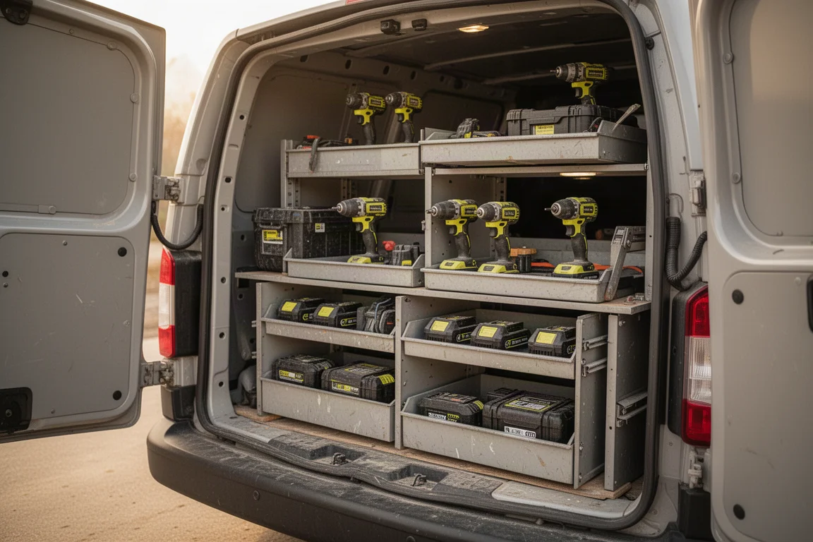 Interieur van een bestelbus van een aannemer met netjes opgeborgen accugereedschap