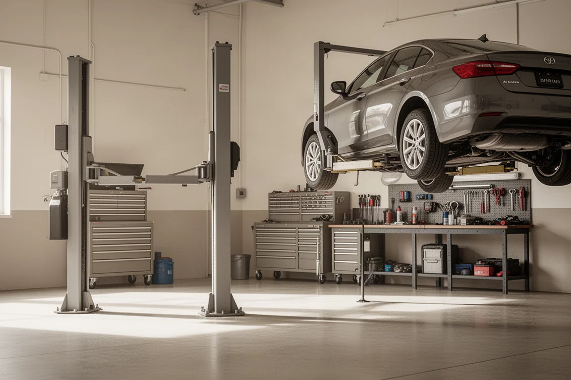 Escena de taller automotriz con un vehículo elevado en una grúa de servicio