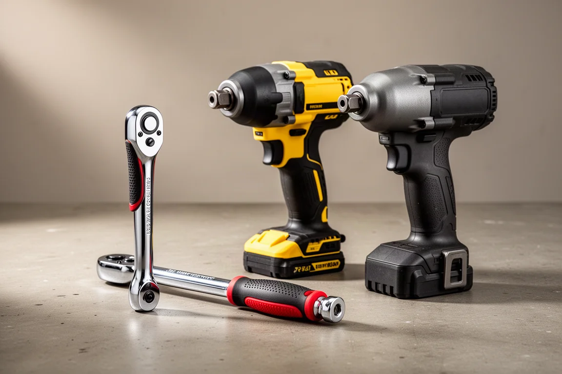 Hand ratchet and two cordless impact wrenches arranged on a concrete workshop surface