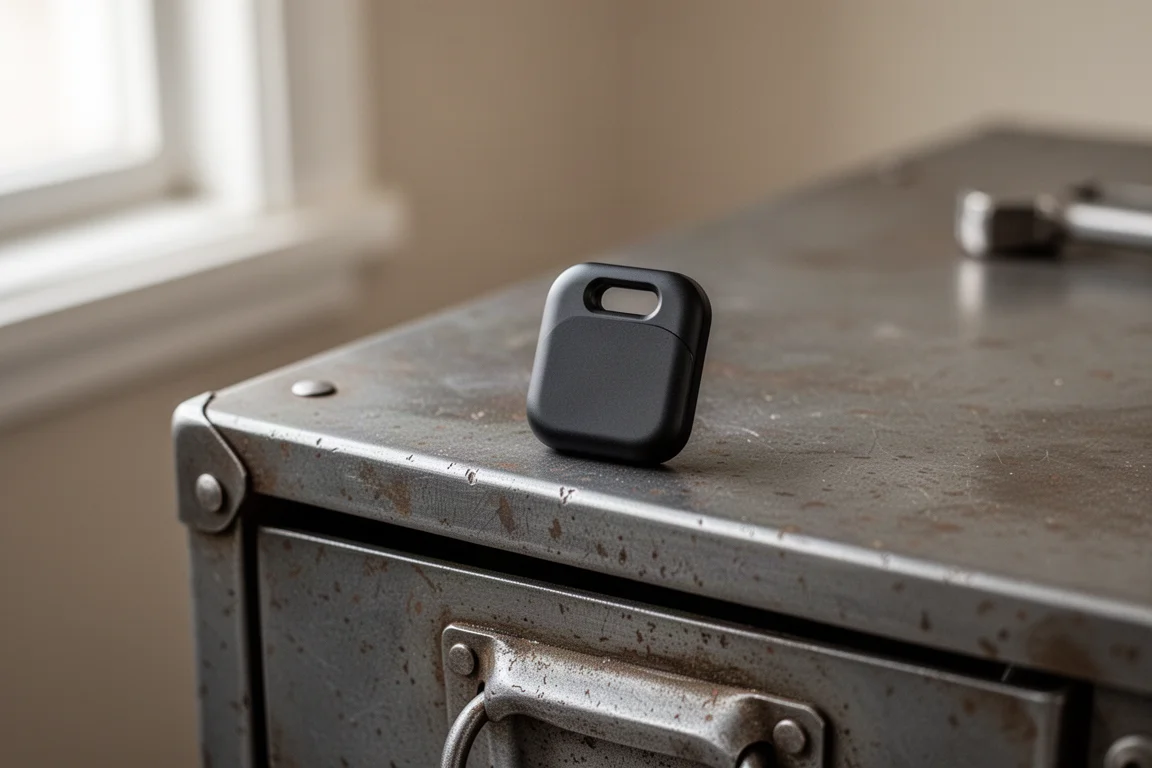 Liten rektangulär Bluetooth-spårningstagg vilande på en verktygslåda